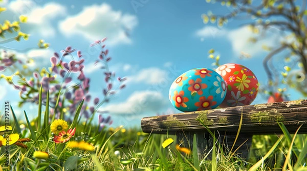 Fototapeta Colorful Easter eggs adorned with cheerful designs set against a backdrop of a serene meadow, with a wooden bench adding a touch of rustic charm to the festive scene