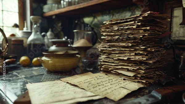 Fototapeta An assortment of aged, handwritten recipe cards stacked neatly on a kitchen counter