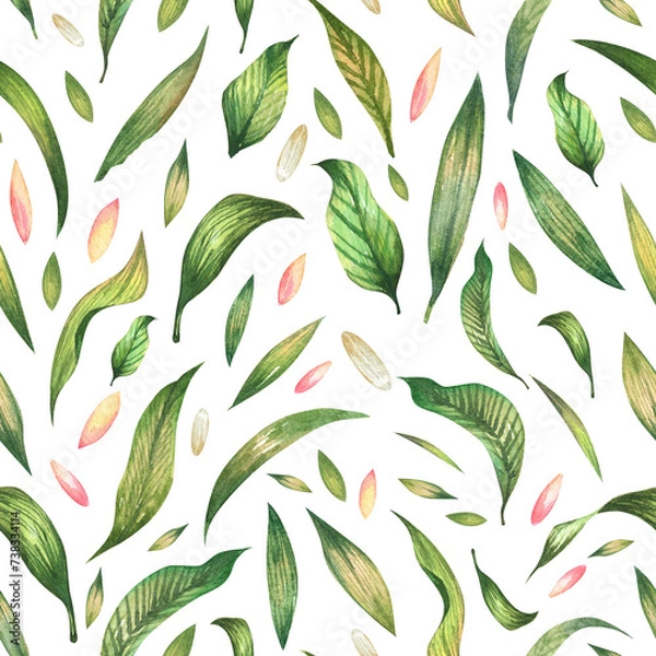 Fototapeta Seamless pattern with watercolor green leaves on a white background. Hand painted high resolution wallpaper and wrapping paper design