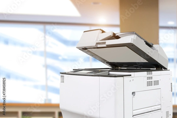 Fototapeta Photocopy or copier or photocopier machine office equipment workplace for copy paper scanner or scanning document or printer for printing paperwork duplicate Xerox or service maintenance repair.