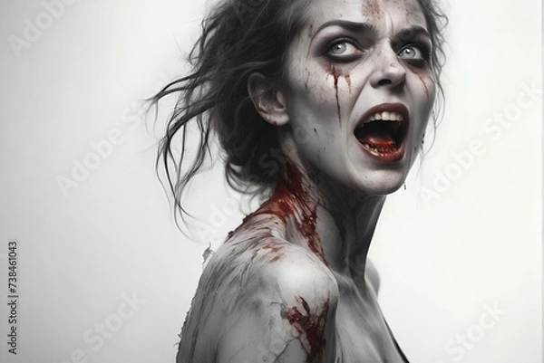 Fototapeta Scary zombie with bloody face closeup. evil, demon, skull and monster