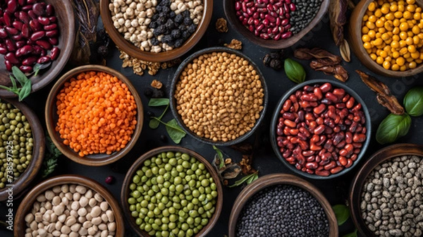 Fototapeta Flat lay view of assorted legumes, a vibrant mix of plant-based proteins