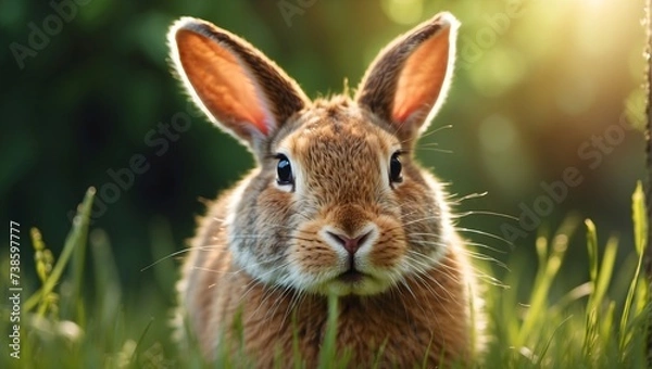 Fototapeta Ultra-detailed picture, 8K, serene meadow landscape, close-up of a playful rabbit nibbling on fresh green grass, bathed in the warm glow of the afternoon sun, capturing every whisker. generative AI