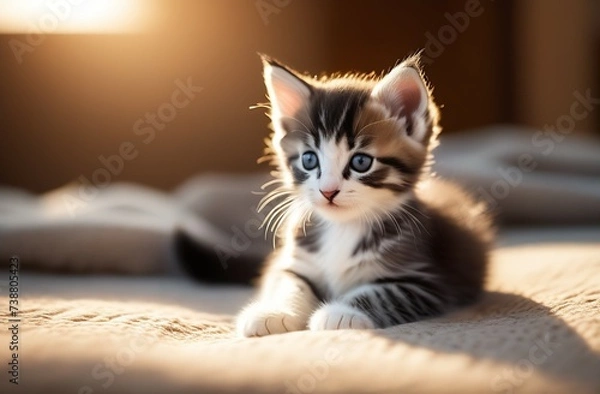 Fototapeta cat on the bed, A small, fluffy kitten with striking blue eyes and a mix of black, white, and brown fur lies on a blanket in warm, soft sunlight. The background is blurred