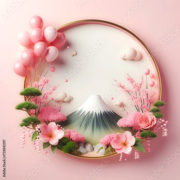 Fototapeta Empty circle border card with cherry blossom, or sakura flower and pink colors balloons and mount fuji luxury ai generated 3d realistic style