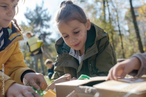 Fototapeta Children learning about environmental conservation through recycling activities, future eco-conscious generation, World Recycling Day