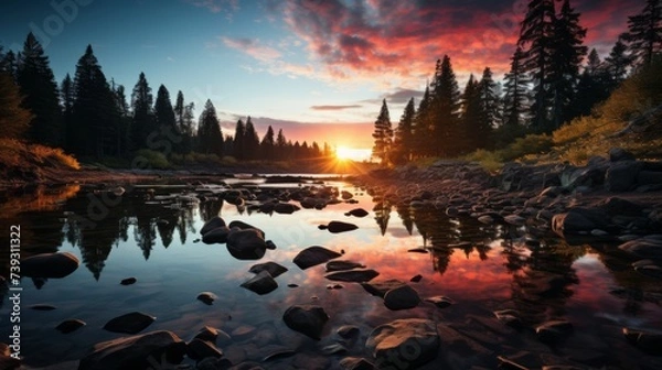 Fototapeta A serene alpine lake at sunset, the sky ablaze with colors, the silhouettes of pine trees framing th