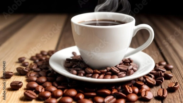 Fototapeta A cup of aromatic coffee in a white mug, scattered coffee beans around