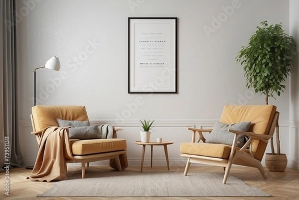 Fototapeta Two armchairs in room with white wall and big frame poster on it. Scandinavian style interior design of modern living room. Created with generative