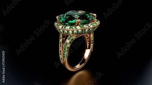 Fototapeta Big golden ring and green gemstone emerald or green diamond lit with lamp light on black background