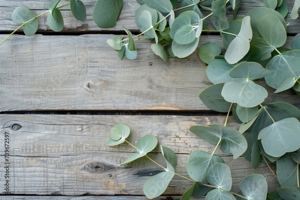 Fototapeta Eucalyptus branches on a rustic wooden background with space for text, suitable for eco-friendly concept designs or natural-themed layouts