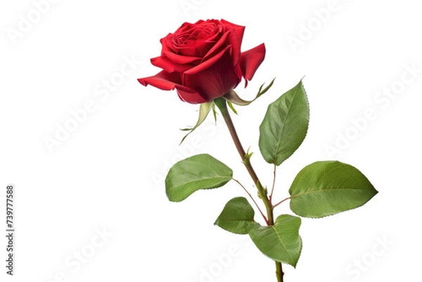 Fototapeta A vibrant red rose with lush green leaves on a White or Clear Surface PNG Transparent Background.