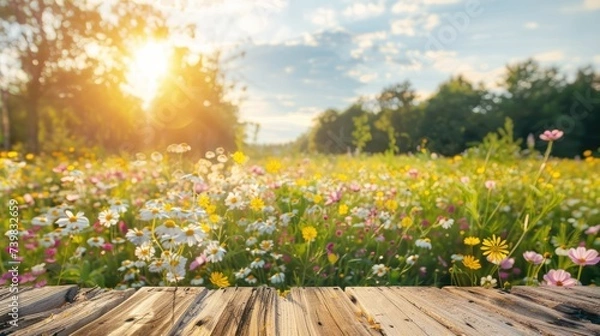 Fototapeta banner Empty wooden table platform with wildflowers blossom background. For product display