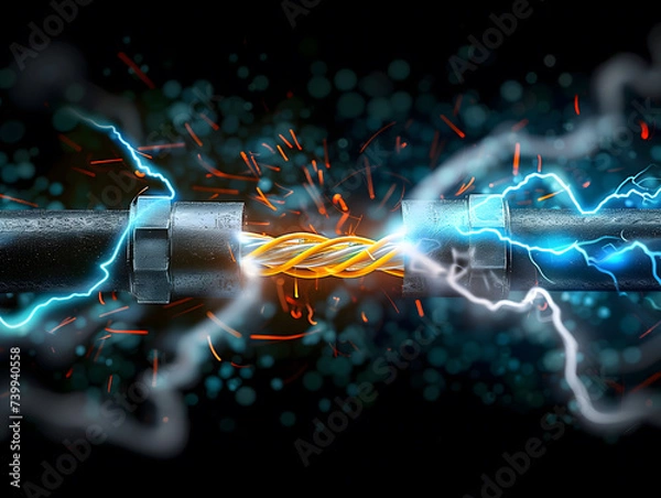 Fototapeta Electrical discharge between power cables, Electrical short circuit concept