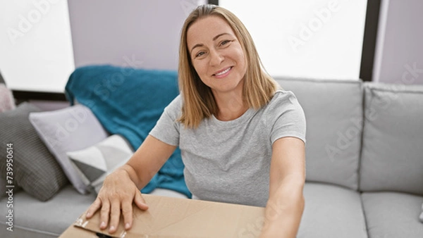 Fototapeta Joyful, confident young blonde woman enjoying her relaxed time packing clothes into packages while comfortably sitting on sofa at home