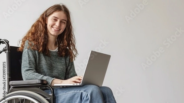 Fototapeta A Woman In A Wheelchair Is Using A Laptop Computer With Her Arms In The Air