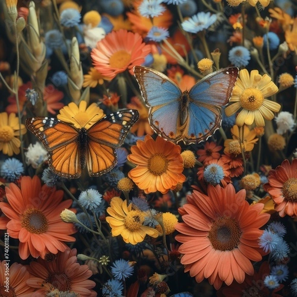 Fototapeta Beautiful monarch butterflies resting on a bed of flowers, representing transformation.