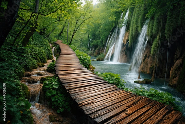 Fototapeta the wooden path goes into the woods with waterfalls beside it. view of footbridge in forest