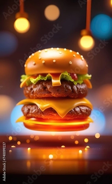 Fototapeta Realistic hamburger photo under bokeh lights studio atmosphere. Ai generated image.