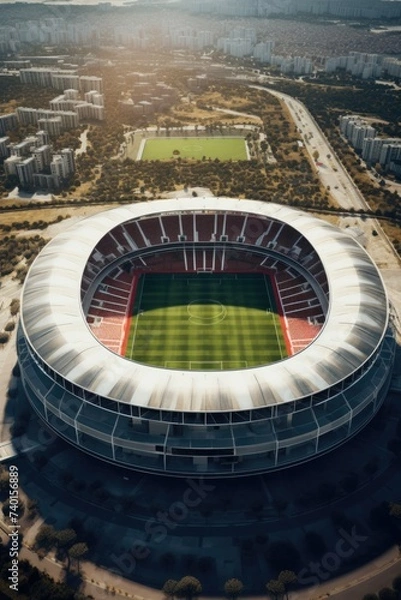 Fototapeta Aerial view of a soccer stadium in the city. Perfect for sports events promotions