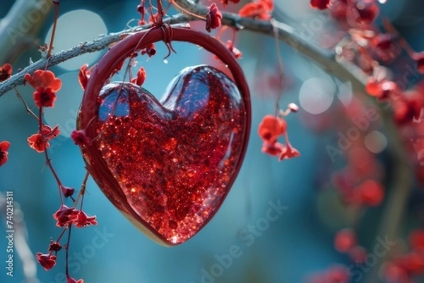 Fototapeta In the midst of a cold winter, a vibrant red heart-shaped berry hangs from a barren branch, symbolizing the enduring love and warmth found in nature