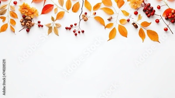 Fototapeta Autumn Harvest: Seasonal Leaves, Flowers, and Berries Arranged on a White Background