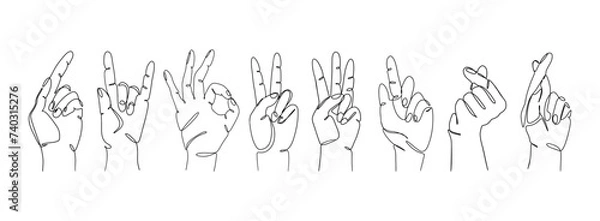 Fototapeta One line drawing of hand gestures. Continuous line human hand signs, simple minimalistic sketch of finger gestures. Vector collection