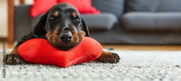 Fototapeta Puppy holding heart shaped pillow on blurred background, valentine s day concept with copy space.