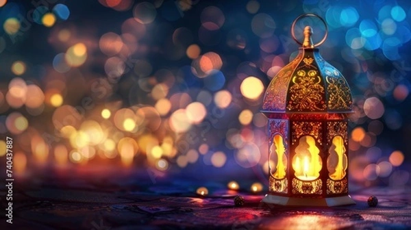 Fototapeta Muslim Holy Month Ramadan Kareem - Ornamental Arabic Lantern With Burning Candle And Bokeh Glowing At Evening - Eid Ul Fitr - generative ai