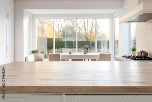 Fototapeta Close-up of wooden table in the modern kitchen interior. Mock up.