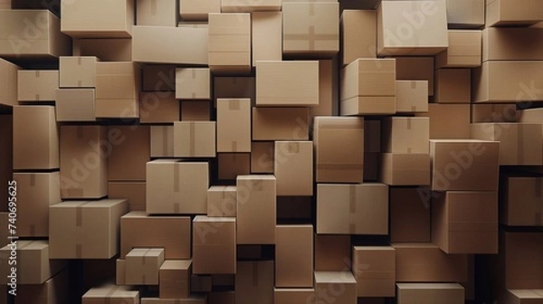 Fototapeta Background made of cardboard boxes. Concept of gift, transportation, packaging, packing, delivery, pack, shipping, online shopping. Copy space for text, message, advertising, logo