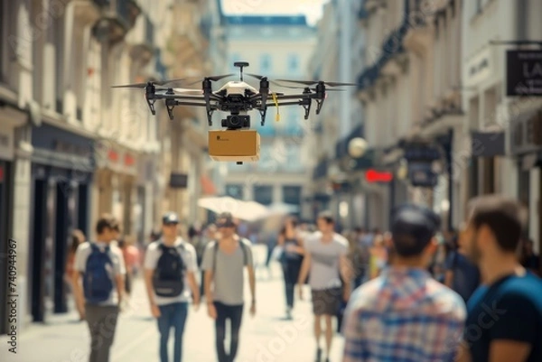 Fototapeta Smart package Drone Delivery artificial intelligence. Box shipping accuracy in drone logistic parcel dropshipping transportation. Logistic tech freight management mobility freight audit