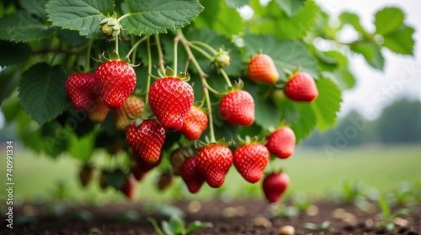 Fototapeta strawberries harvest in the agriculture field. Delicious ripped strawberries from a rural farm.