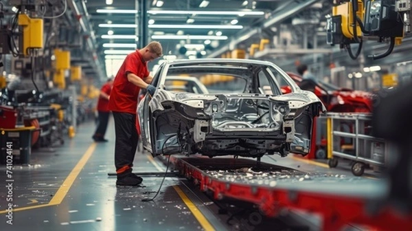 Fototapeta A man is seen works on a motor vehicle in a factory, focusing on the automotive tire, engine hood, and other auto parts. AIG41