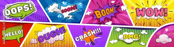 Fototapeta Set of Colorful vector designs featuring pop art comic book speech bubbles and sound effects. Vintage strip layout mockup with funny cartoon explosion clouds and talk phrases in text boxes