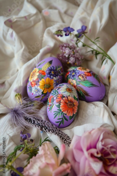 Fototapeta Colorful hand painted Easter eggs on retro fabric. The concept of Easter holidays, retro, handcraft, as it used to be.