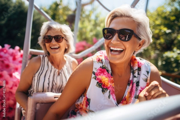 Fototapeta Two women smiling and laughing, enjoying themselves at the amusement park. Selective focus.