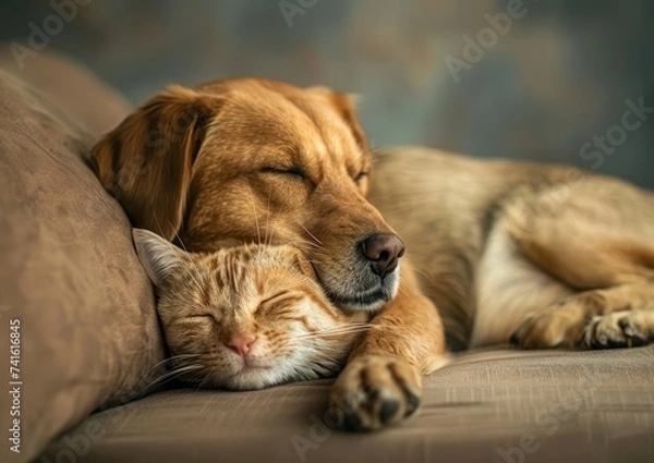 Fototapeta A Dog and a Cat Sleeping on a Couch