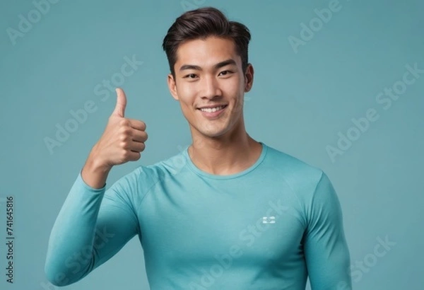 Fototapeta A confident athlete in a teal long-sleeve shirt gives a thumbs up, radiating health and wellness.