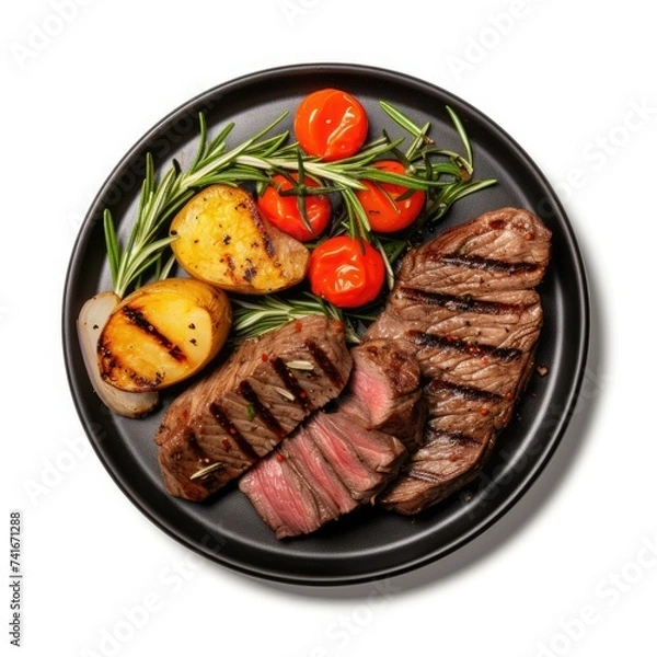 Fototapeta Grilled steak, roasted tomatoes, rosemary on plate