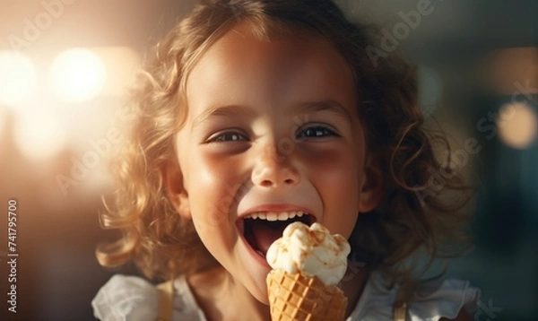 Fototapeta A happy, smiling child girl is enjoying eating an ice-cream