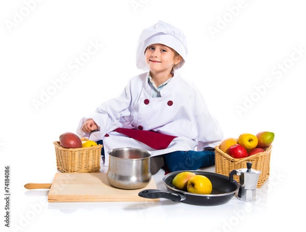 Fototapeta Blonde little girl dressed like chef