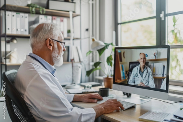 Fototapeta An experienced elderly male doctor with white hair and glasses, dressed in a professional white lab coat with a stethoscope around his neck, is engaged in a telemedicine consultation.