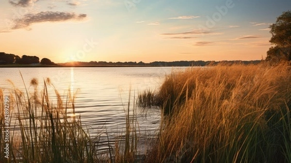 Fototapeta A photo of a lagoon with a reedfilled shoreline