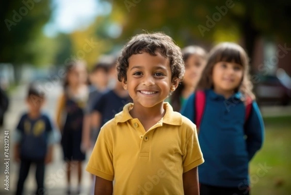 Fototapeta Happy Schoolboy with Backpack Smiling on First Day of School