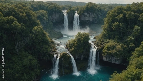 Fototapeta Majestic Waterfalls in Lush Green Forest, Natural Serenity, Generative AI