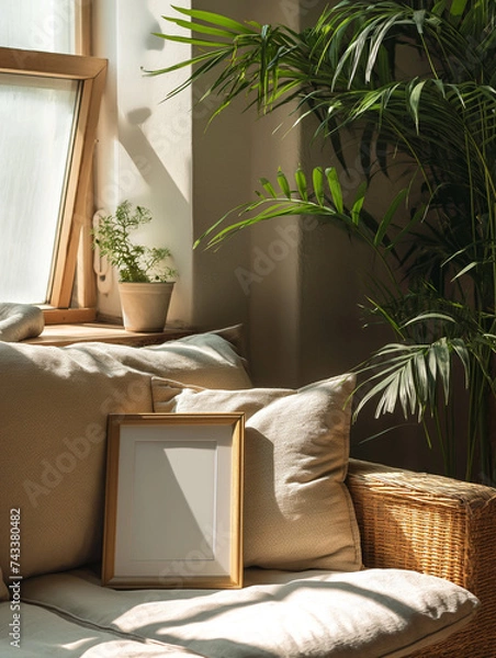 Fototapeta a mockup of a wooden A4 frame in a neutral boho living room with a sofa, window, natural sunlight, plants.