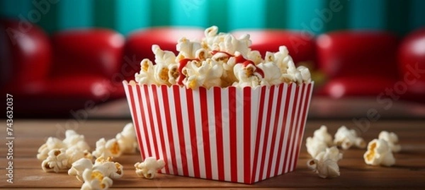 Fototapeta Crunchy popcorn delight  tasty cinematic snack box on classic white and red striped background