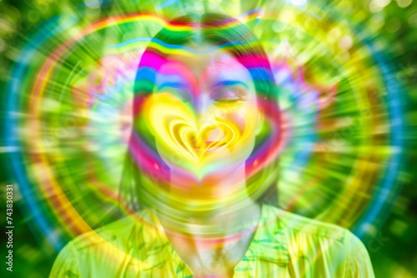 Fototapeta Abstract portrait of a woman in neon, blending spirituality and modern art in a colorful, mystical display