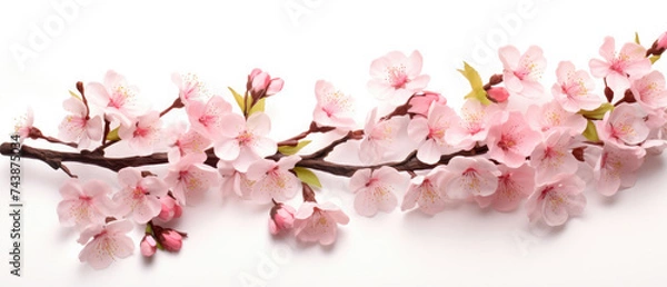 Obraz Blooming sakura pink cherry blossoms with stems and leaves on a white background